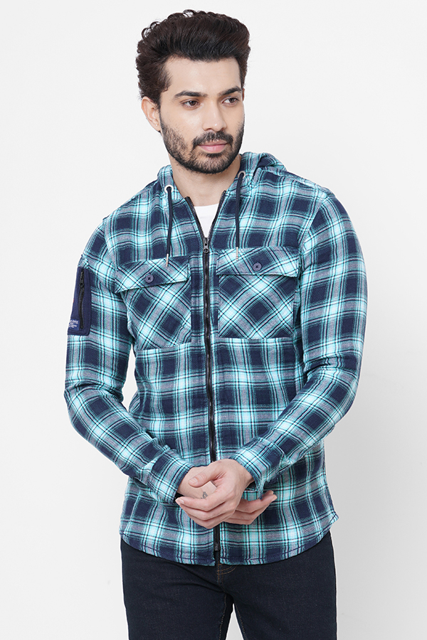 AQUA BLUE FULL SLEEVE CHECK ZIPPER HOODIE SHIRT