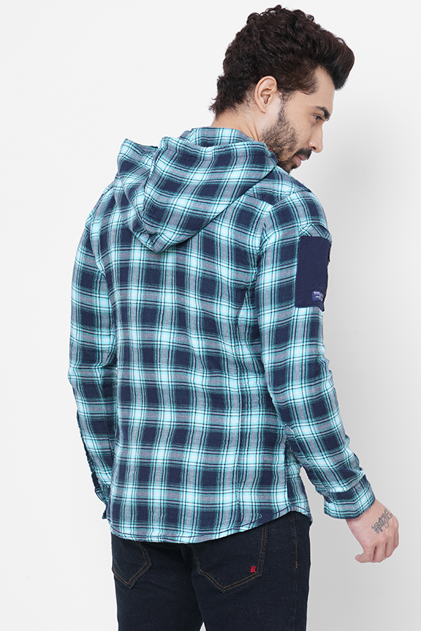 AQUA BLUE FULL SLEEVE CHECK ZIPPER HOODIE SHIRT