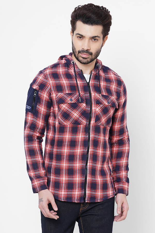 OARNGE NAVY FULL SLEEVE CHECK ZIPPER HOODIE SHIRT