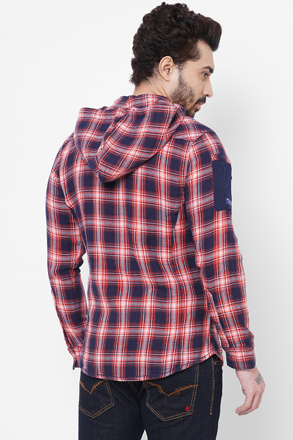 OARNGE NAVY FULL SLEEVE CHECK ZIPPER HOODIE SHIRT