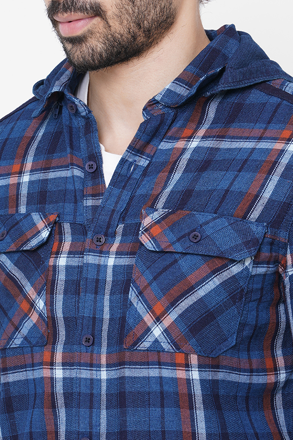 NAVY ORANGE FULL SLEEVE CHECK HOODIE SHIRT