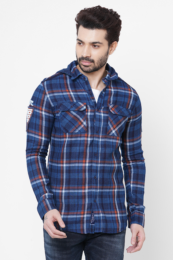 NAVY ORANGE FULL SLEEVE CHECK HOODIE SHIRT