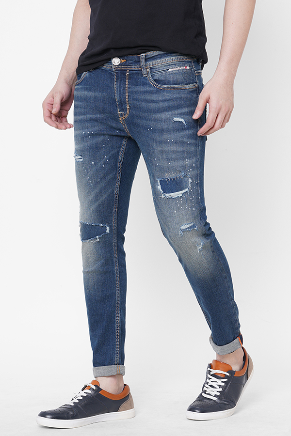 MED BLUE 5 POCKET LOW-RISE TAPERED ANKLE LENGTH JEANS