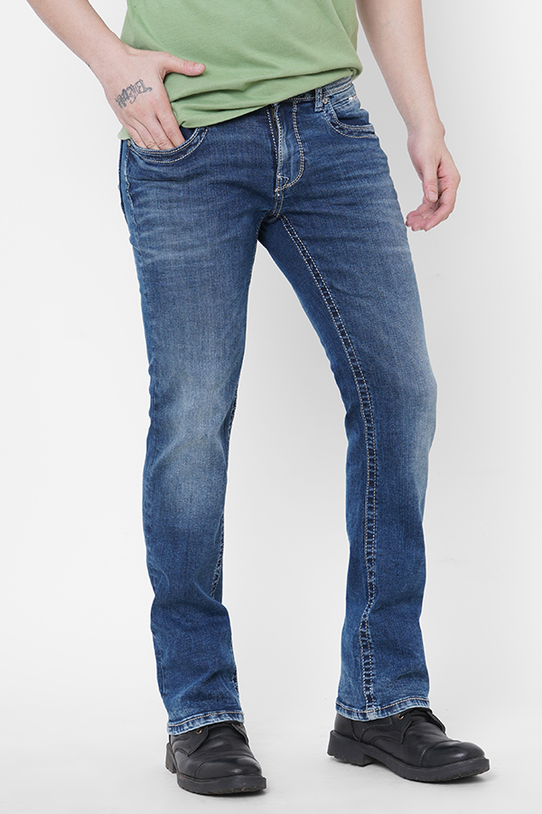 MED BLUE 5 POCKET SLIM FIT LOW RISE BOOT LEG JEANS