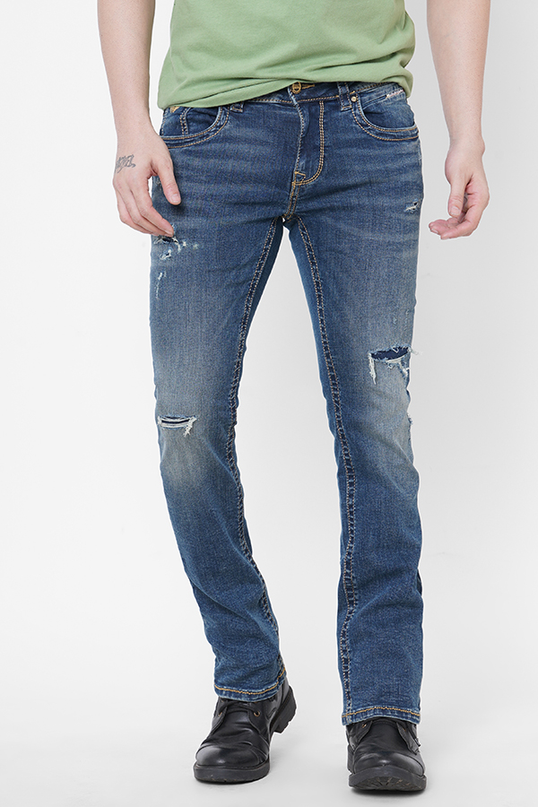 MED BLUE 5 POCKET SLIM FIT LOW RISE BOOT LEG JEANS