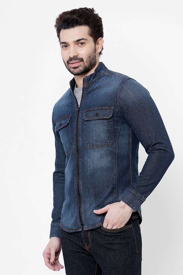 MED BLUE FULL SLEEVE DENIM ZIPPER SHACKET SHIRT