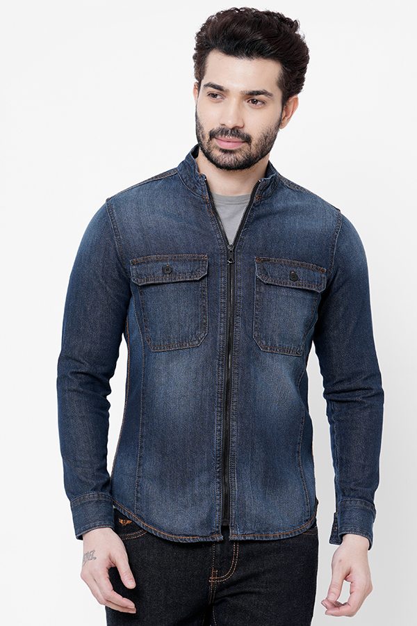 MED BLUE FULL SLEEVE DENIM ZIPPER SHACKET SHIRT