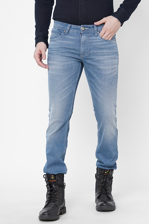 LT BLUE 5 POCKET MID-RISE NARROW FIT JEANS