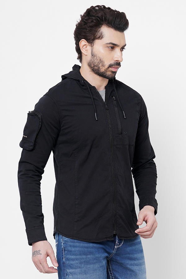 BLACK FULL SLEEVE COTTON HOODIE SHACKET SHIRT