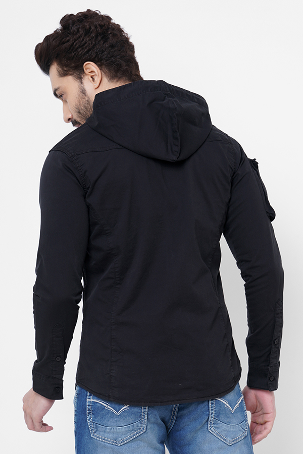 BLACK FULL SLEEVE COTTON HOODIE SHACKET SHIRT