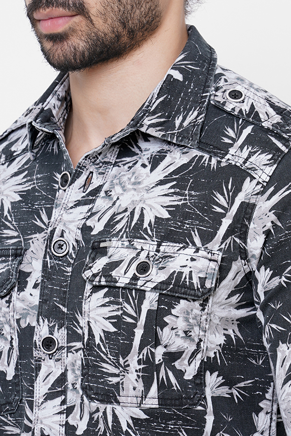 BLACK GREY FULL SLEEVE PRINTED SHACKET SHIRT