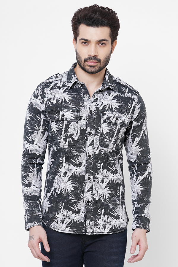 BLACK GREY FULL SLEEVE PRINTED SHACKET SHIRT