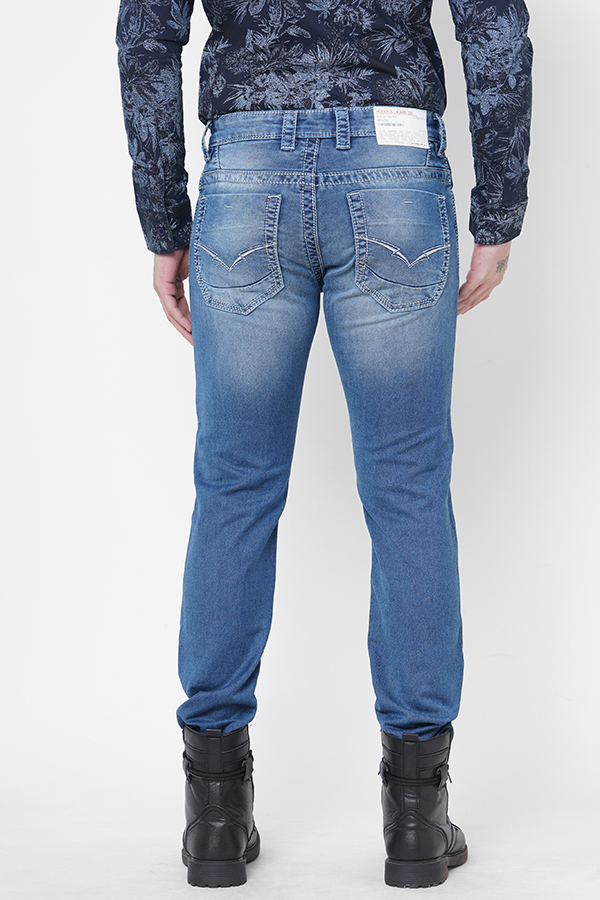 MED BLUE 5 POCKET MID-RISE NARROW FIT JEANS