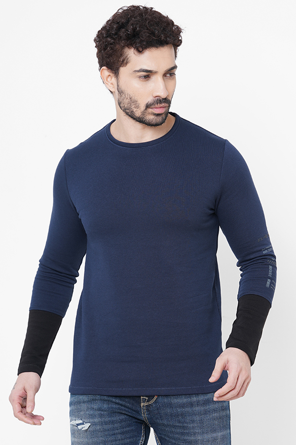 NAVY ROUND NECK COLLAR FULL SLEEVE T SHIRT