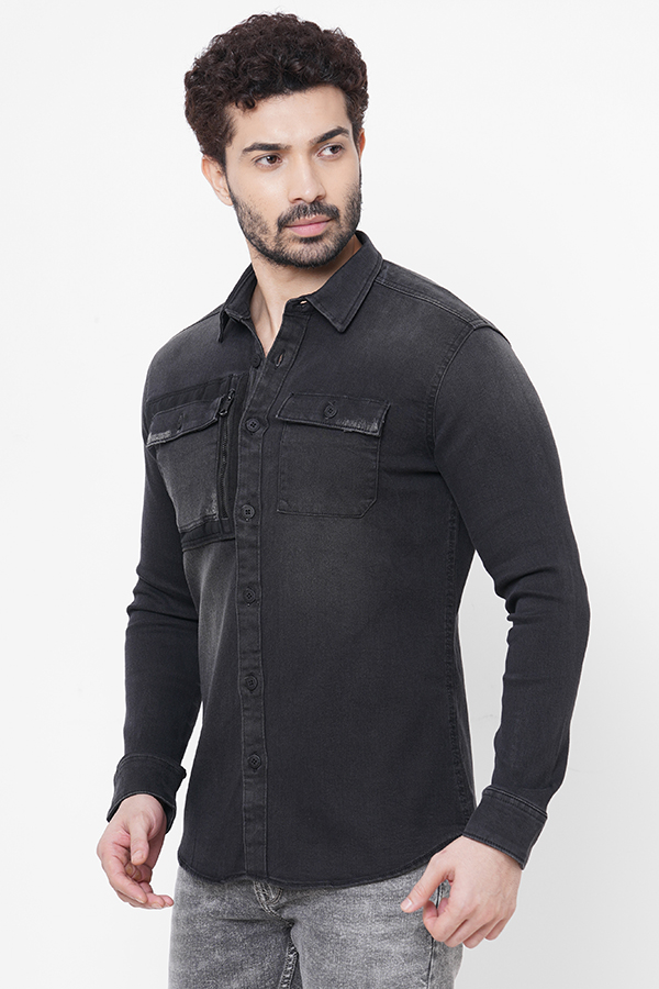 CHARCOAL FULL SLEEVE DENIM SHACKET SHIRT