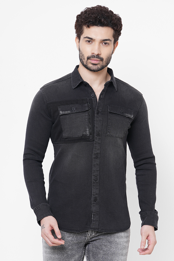 CHARCOAL FULL SLEEVE DENIM SHACKET SHIRT