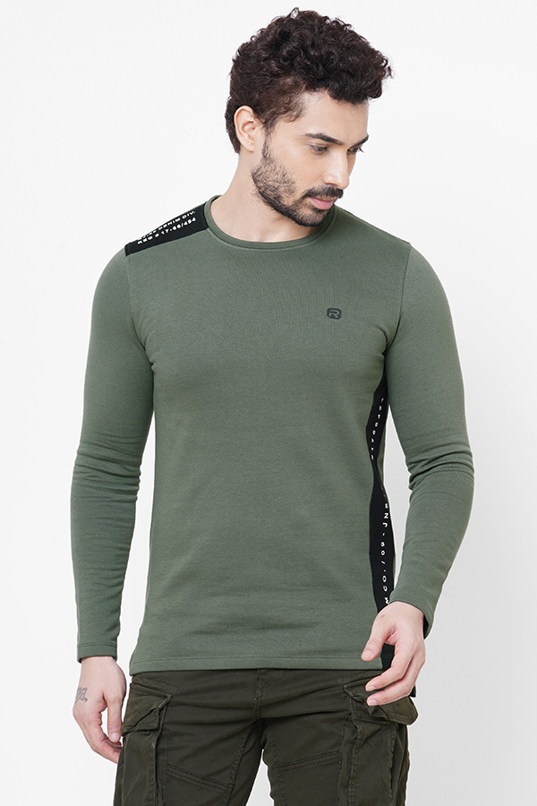 OLIVE ROUND NECK COLLAR FULL SLEEVE T SHIRT