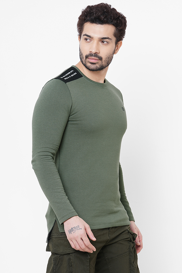 OLIVE ROUND NECK COLLAR FULL SLEEVE T SHIRT