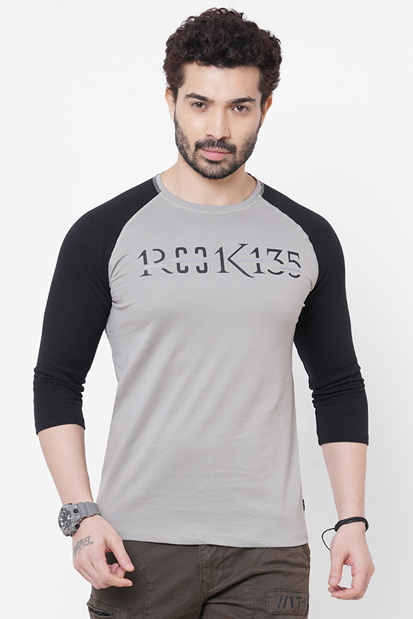 GREY ROUND NECK COLLAR THREE QUARTER SLEEVE T SHIRT