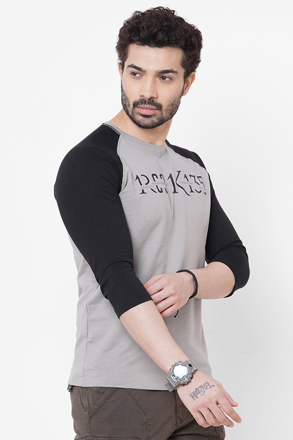 GREY ROUND NECK COLLAR THREE QUARTER SLEEVE T SHIRT