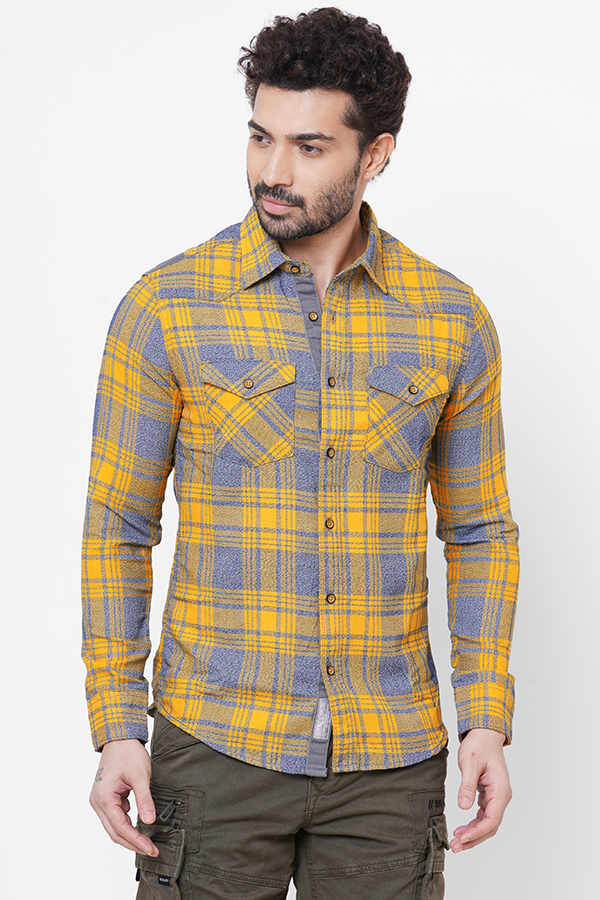 YELLOW GREY FULL SLEEVE CHECK SHIRT