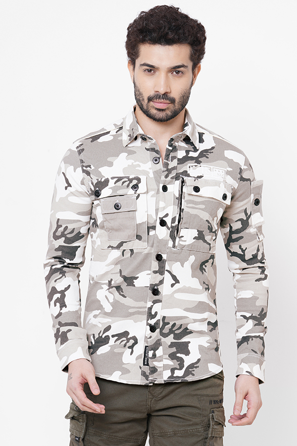 BEIGE FULL SLEEVE CAMO PRINT SHACKET SHIRT