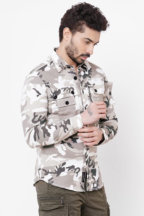 BEIGE FULL SLEEVE CAMO PRINT SHACKET SHIRT