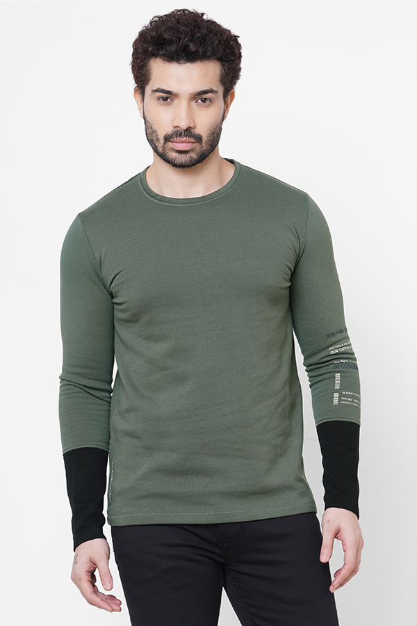 LT OLIVE ROUND NECK COLLAR FULL SLEEVE T SHIRT