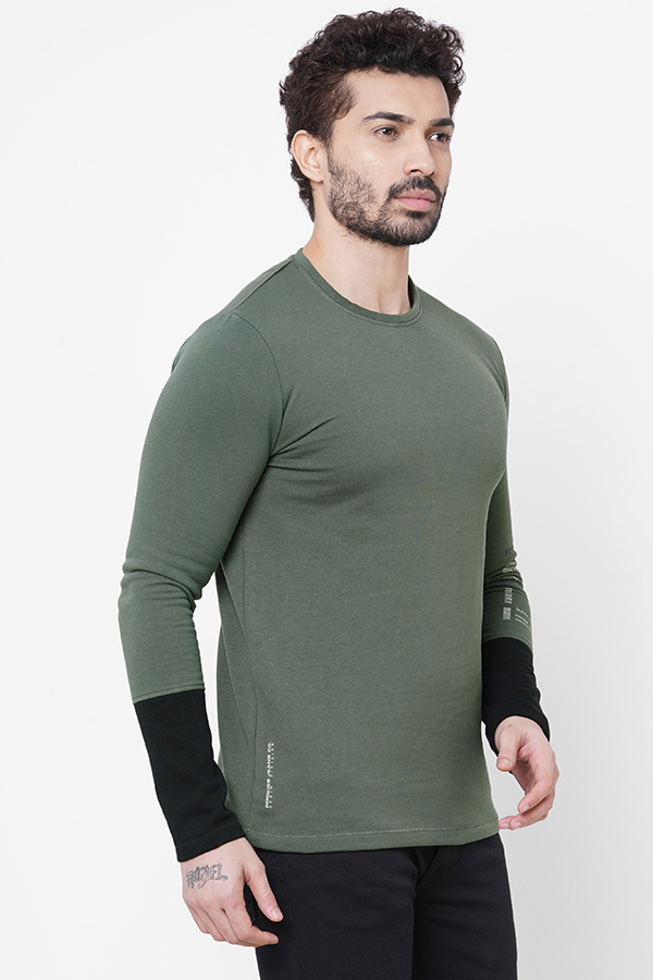 LT OLIVE ROUND NECK COLLAR FULL SLEEVE T SHIRT