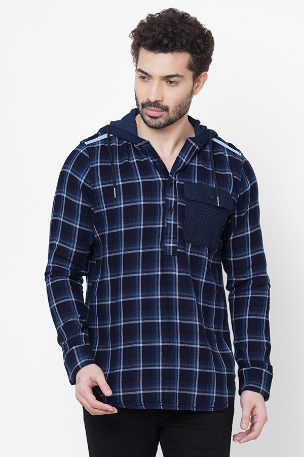 NAVY WHITE FULL SLEEVE CHECK HOODIE SHIRT