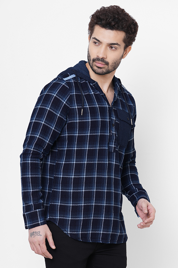 NAVY WHITE FULL SLEEVE CHECK HOODIE SHIRT