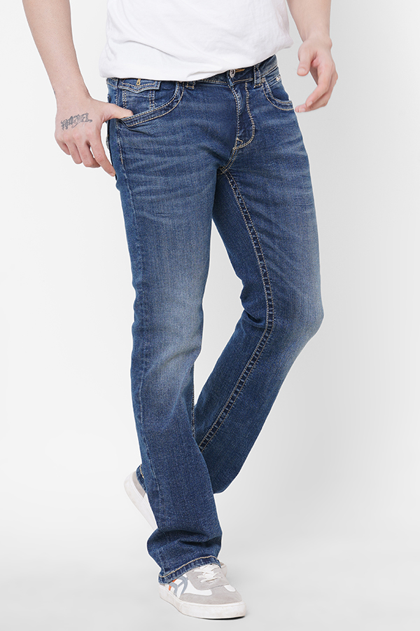 MED BLUE 5 POCKET SLIM FIT LOW RISE BOOT LEG JEANS