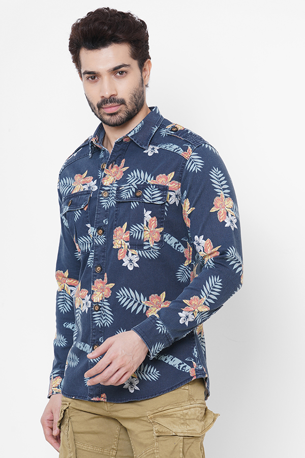 NAVY ORANGE FULL SLEEVE PRINTED SHACKET SHIRT