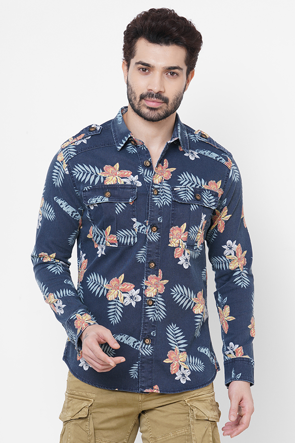 NAVY ORANGE FULL SLEEVE PRINTED SHACKET SHIRT