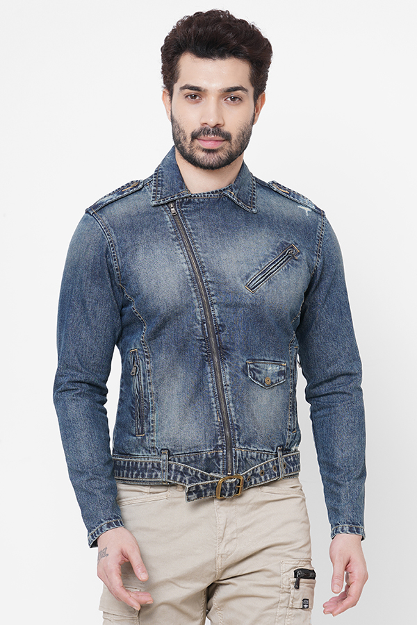 MED BLUE FULL SLEEVE DENIM ZIPPER JACKET