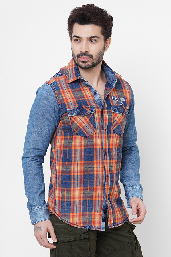 ORANGE DENIM FULL SLEEVE CHECK HOODIE SHIRT