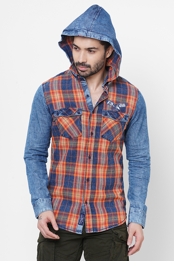 ORANGE DENIM FULL SLEEVE CHECK HOODIE SHIRT