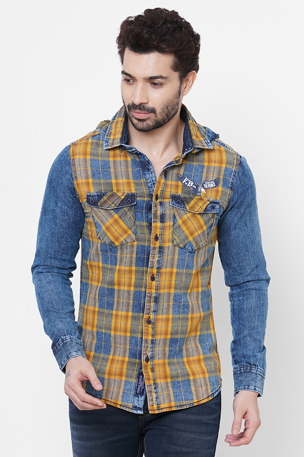 MUSTARD DENIM FULL SLEEVE CHECK HOODIE SHIRT