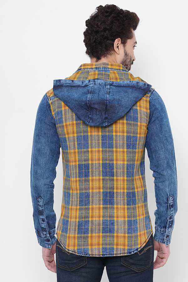 MUSTARD DENIM FULL SLEEVE CHECK HOODIE SHIRT