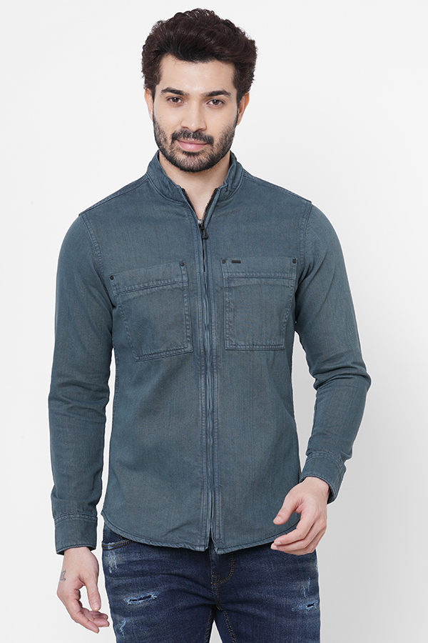 PETROL BLUE FULL SLEEVE COTTON ZIPPER SHACKET SHIRT