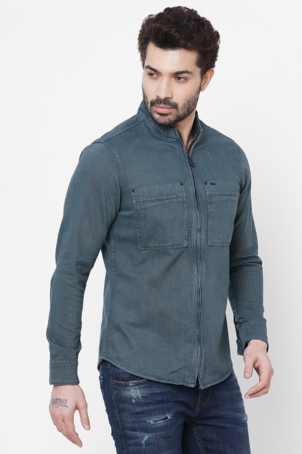 PETROL BLUE FULL SLEEVE COTTON ZIPPER SHACKET SHIRT