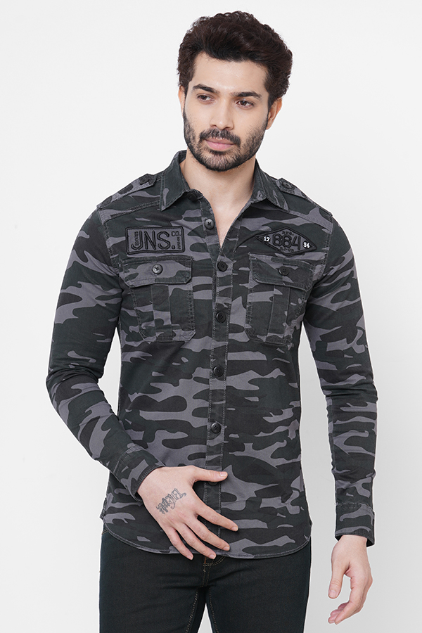 DK GREY FULL SLEEVE CAMO PRINT SHACKET SHIRT