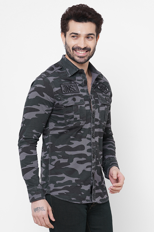 DK GREY FULL SLEEVE CAMO PRINT SHACKET SHIRT