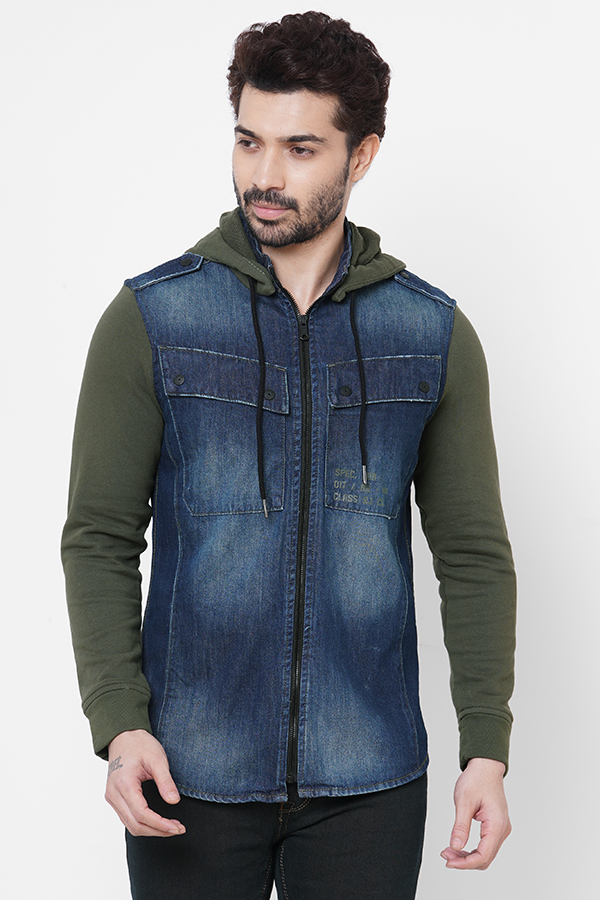 DK BLUE FULL SLEEVE DENIM HOODIE SHACKET SHIRT