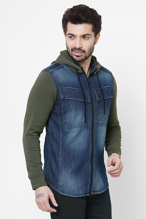 DK BLUE FULL SLEEVE DENIM HOODIE SHACKET SHIRT