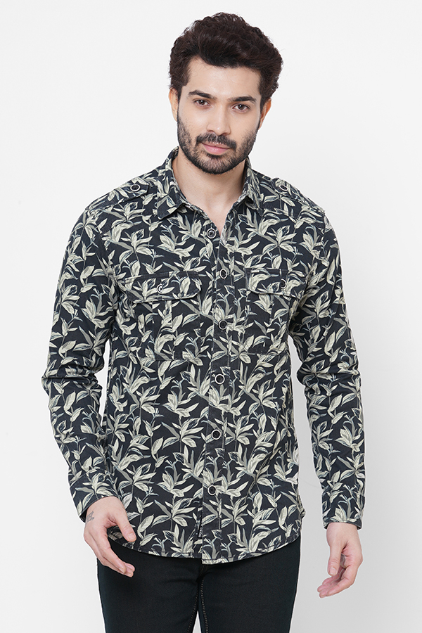 KHAKI NAVY FULL SLEEVE PRINTED SHACKET SHIRT