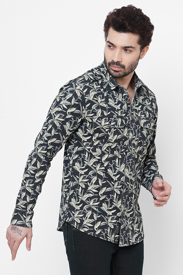 KHAKI NAVY FULL SLEEVE PRINTED SHACKET SHIRT