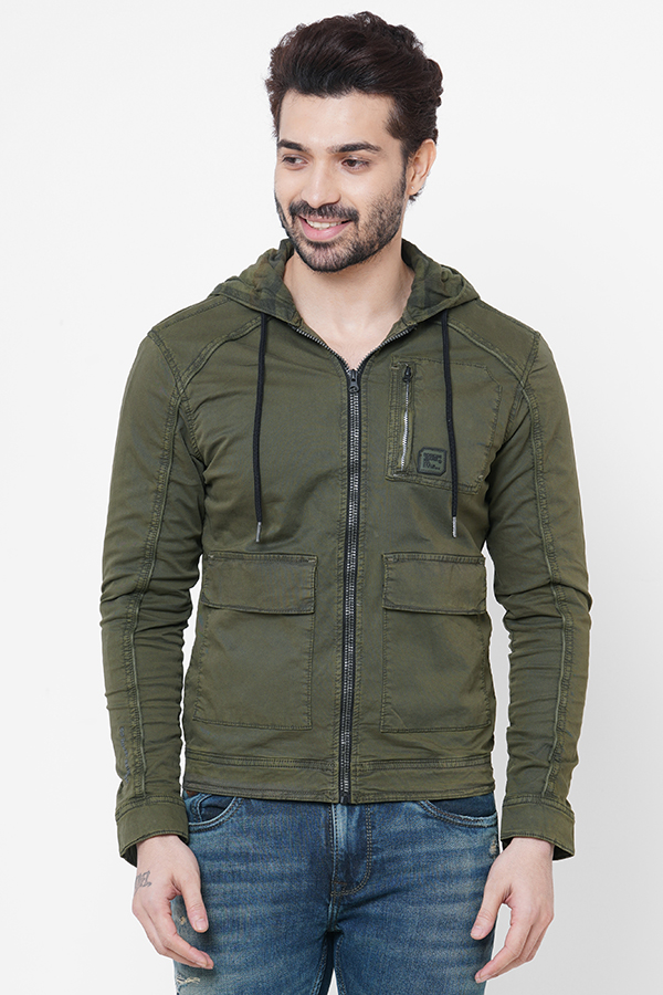 OLIVE FULL SLEEVE COTTON ZIPPER HOODIE JACKET