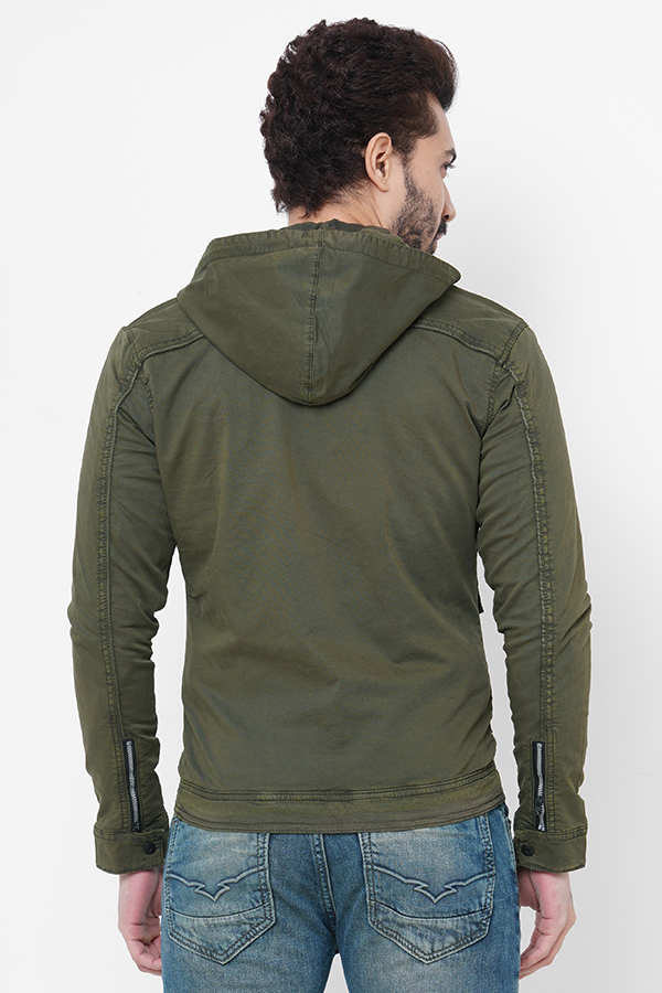 OLIVE FULL SLEEVE COTTON ZIPPER HOODIE JACKET