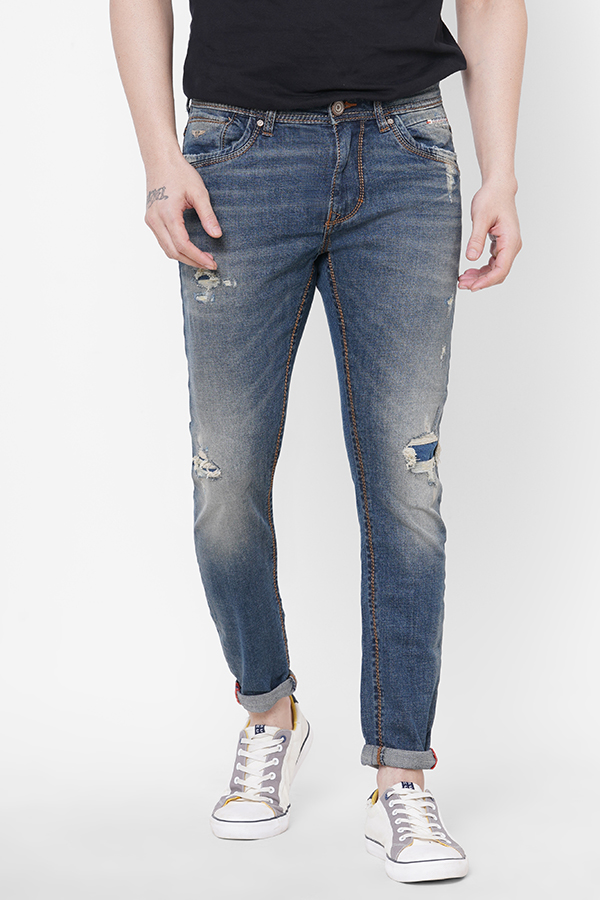 MED BLUE 5 POCKET LOW-RISE TAPERED ANKLE LENGTH JEANS